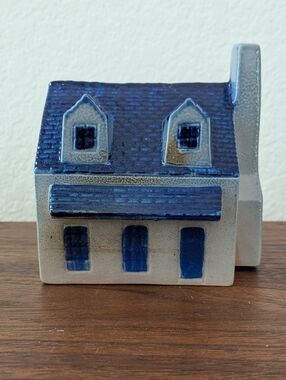 Vintage Eldreth Pottery House Coin Bank Salt Glaze Cobalt Blue Signed 1989